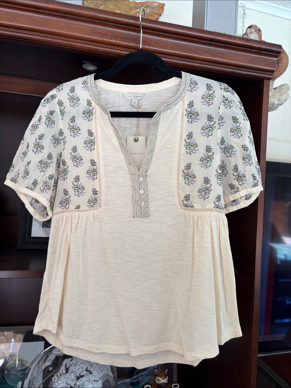 Lucky Brand Cream Peasant Top with Green & Purple Embroidery